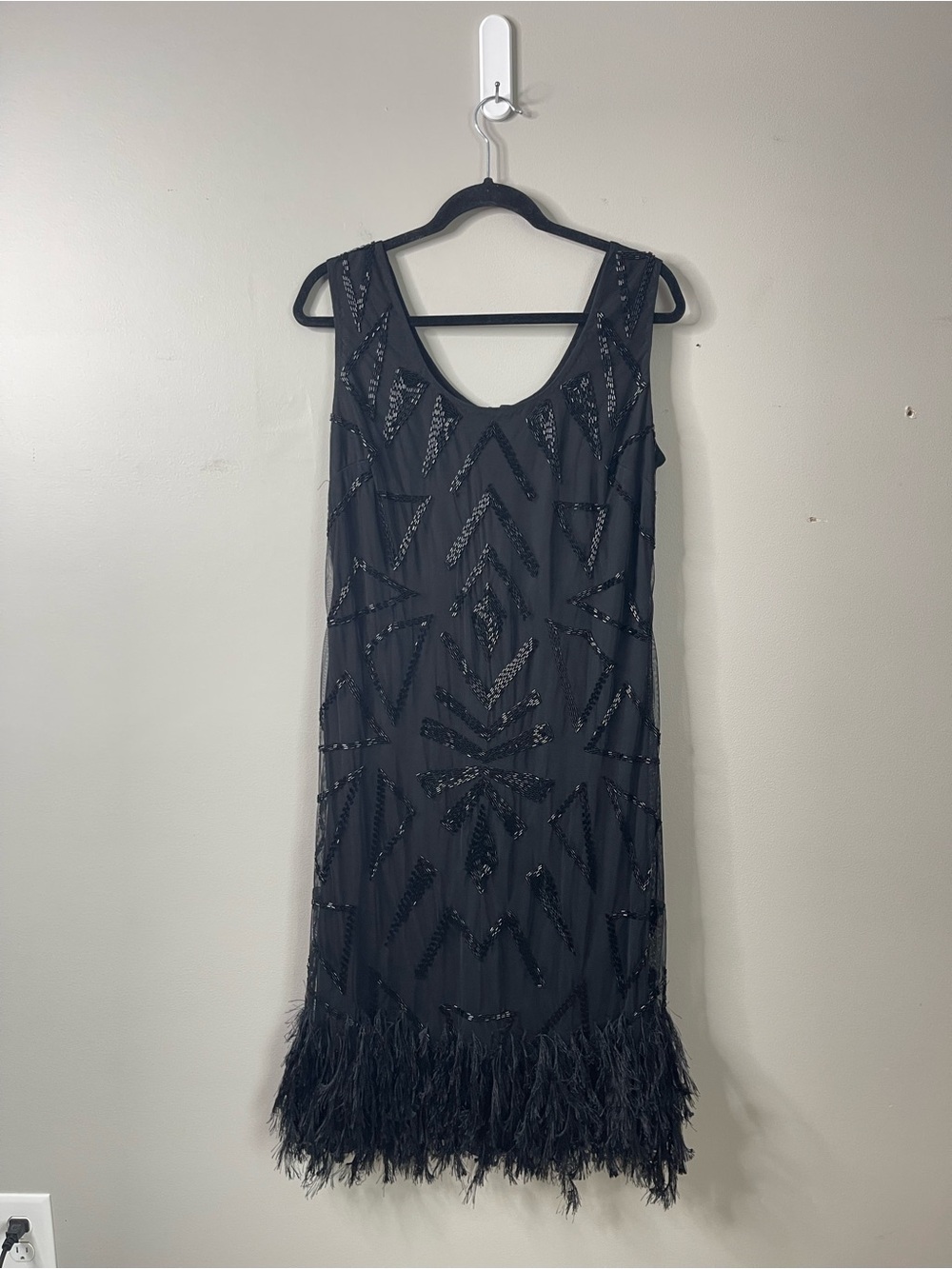 Black Sequins Beaded Faux Feather Hem Midi Flapper Shift Dress Sz 14W
